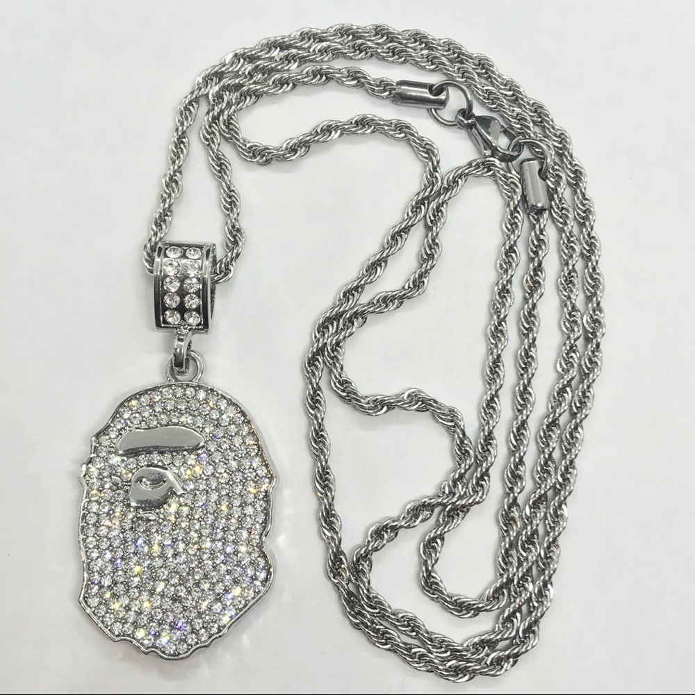 Bape Diamond White Gold Filled Pendant Rope Chain